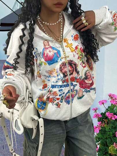 Rovax Women's Letter & Figure Print Regular Loose Fit Hooded Zip-Up Sweatshirt Jacket