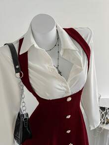 Sweetra 初秋甜美辛辣时尚轻盈性感收腰纹理面料Polo领仿吊带修身A字短裙 - 紅色 - 查看 5