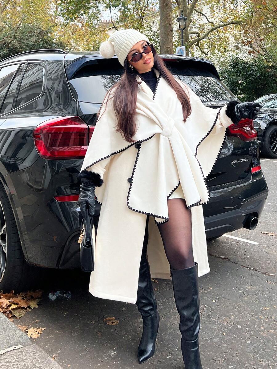 NegzBox 秋冬新款披风羊毛斗篷，百搭优雅，适合女性 - 杏色 - 查看 1