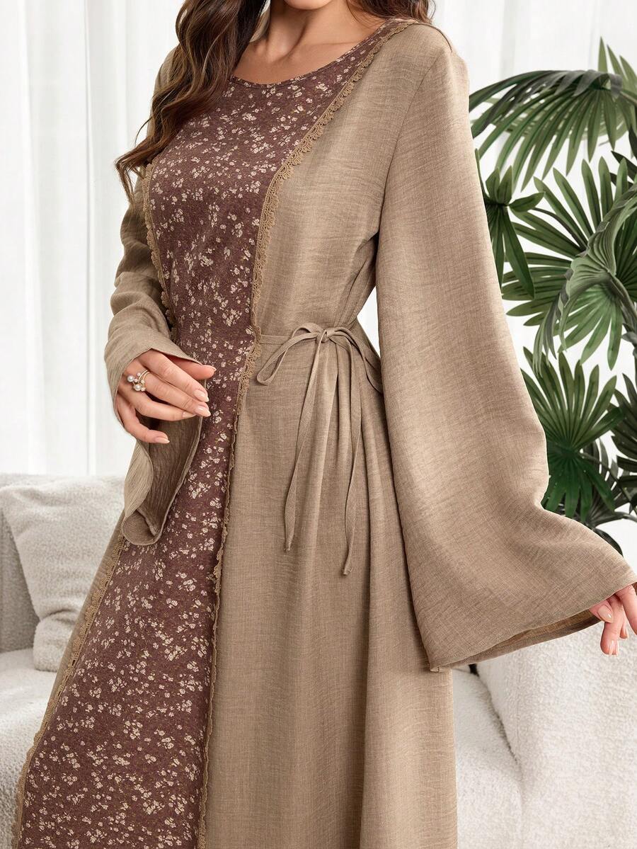 Al Najma Đầm maxi Thổ Nhĩ Kỳ dành cho nữ và áo abaya truyền thống Ả Rập. - Cà phê nâu - Xem 1