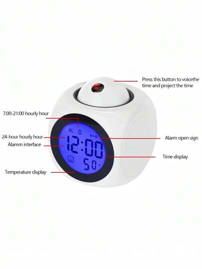Yeni Taşınabilir Çok Fonksiyonlu LED Projeksiyonlu Alarm Saati, Sesli Anons, Zaman Göstergesi, Otomatik Karartma, Erteleme Fonksiyonu, Dijital Gece Lambası Projektörü, Yatak Odası, Ev ve Ofis Dekorasyonu İçin Modern Cihaz