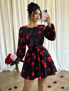 Elenzga Đầm nữ màu đỏ thắt nơ hình trái tim lãng mạn, đầm ngắn tay dài ôm eo thanh lịch, thích hợp cho hẹn hò, Ngày Valentine, Giáng sinh, Lễ Tạ ơn, Ngày Độc lập, Lễ tốt nghiệp, Năm mới, thuộc dòng thời trang, màu đen. - Nhiều màu - Xem 6