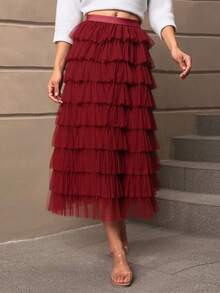 Faldas elegantes de mujer en forma de A - faldas sólidas, faldas de pastel, faldas largas de gasa en capas de temperamento, faldas largas de cintura alta, faldas largas plisadas, vestidos casuales y formales, faldas elegantes de cintura alta de doble uso - Rojo - Ver 1