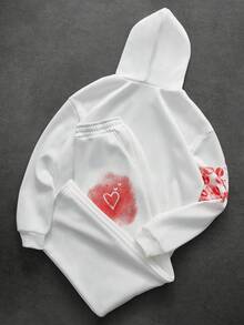 PAVTROS Men's Street-Style Red Lip Graffiti Print Hoodie Set, Suitable For Outdoor Music Festivals, Casual Outings, Gifts For Boyfriend/Husband, Anniversary,Perfect For Dates And Couple Outfits, An Ideal Valentine's Day Gift For Your Husband Or Boyfriend - White - View 5