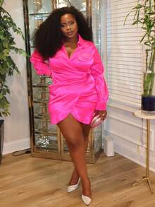 Hourglow Ceceforeign_ Women's Plus Size Wrapped Knot Design Dress, For Hourglass Body Shape - Hot Pink - View 6