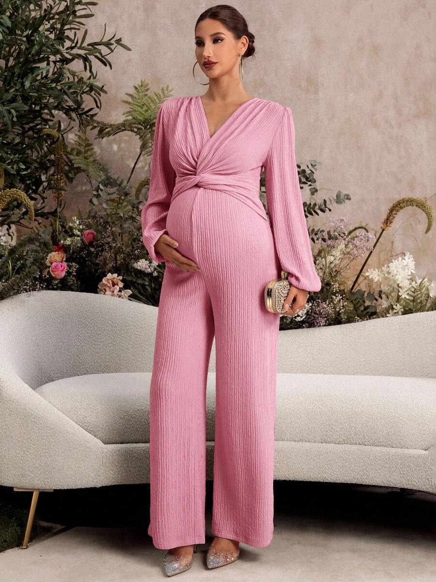 SHEIN 孕妇纯色扭结设计灯笼袖优雅阔腿连体裤 - 淺粉色 - 查看 1