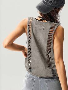 Bohemela Áo tank top dệt kim màu trơn dáng ngắn, đã giặt, dành cho nữ - Xám - Xem 6