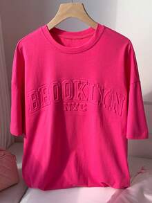 SHEIN EZwear Summer Tops Pink Solid Letter Embossed Drop Shoulder Tee - Hot Pink - View 6