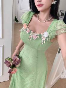 Modelyn 女式蕾丝拼布花卉装饰3D花卉装饰夏装 - 綠色 - 查看 3