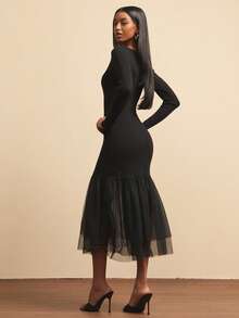 NYA SZN Dress Long Sleeve V Neck Fitted Bodycon Tulle Skirt Black Winter Spring Festival Festival Event Party Special Occasion Midi Length Carnival Outfits For Women - Black - View 2