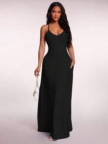 Radiana 女士性感优雅飘逸A字黑色吊带连衣裙，露背长裙，适合海岛度假、海滩、约会、派对，舒适休闲居家/日常穿着。 - 黑色 - 查看 4