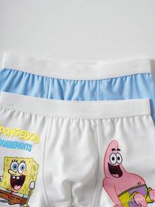 SpongeBob SquarePants | SHEIN 2pcs Young Boy Cute Cartoon Graphic Letter Tape Comfortable Trunks - Blue and White - View 7