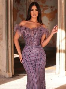 Glamrae 优雅奢华的露肩羽毛、珠饰和亮片花卉美人鱼礼服，适合婚礼、派对、度假、晚宴、正式活动（装饰繁复） - 紫色 - 查看 1