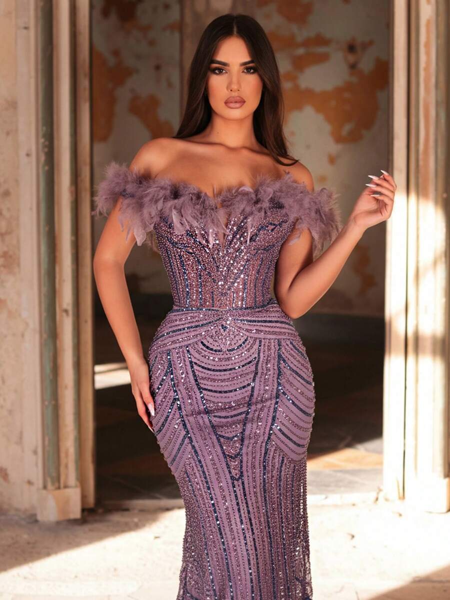 Glamrae 优雅奢华的露肩羽毛、珠饰和亮片花卉美人鱼礼服，适合婚礼、派对、度假、晚宴、正式活动（装饰繁复） - 紫色 - 查看 1