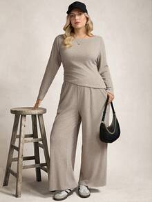 Zelara Khaki,Autumn,Curve,Smart Casual,Loungewear Plus Size Solid Color Top And Wide Leg Pants 2 Pieces Set,Women's Winter Sweater Sets Comfy Neutral Clothes - Apricot - View 3