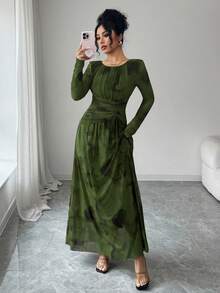 Rafferiza 女士优雅扎染印花网纱弹力腰褶皱喇叭下摆长袖连衣裙