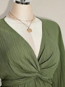 SHEIN ICON Plus Size Women Twist Knot Textured Black Lantern Sleeve Top - Mint Green - View 4