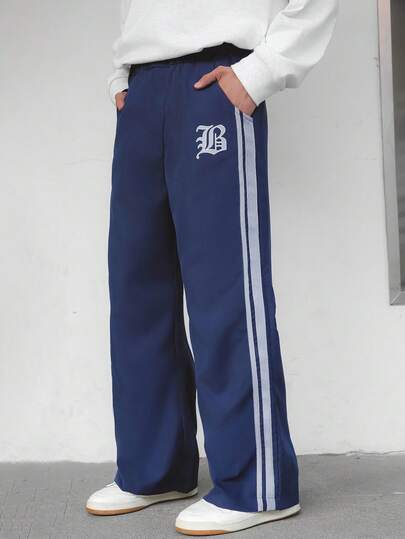 Mirajuku Teenage Boys' Fashion Striped Patchwork Letter Print Wide Leg Casual Pants