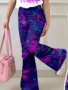 SHEIN 2件套少女卡通韩流女孩图案印花休闲宽松圆领短袖T恤和喇叭裤，适合春夏日常穿着和外出。 - 彩色 - 查看 4