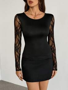 SHEIN Tall Women's Summer Lace Panel Mesh Fashion Sexy T-Shirt Black See Through Top - Black - View 5