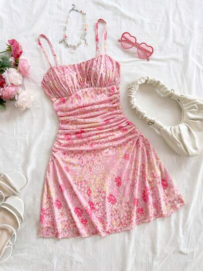 Soleia Women's Ditsy Floral Pink Romantic Spaghetti Strap A-Line Mini Dress, Suitable For Party, Date, Valentine's Day, Easter, Carnival, Beach Cruise, Afternoon Tea, Spring/Summer Fashion Dress, Floral Dresses For Women