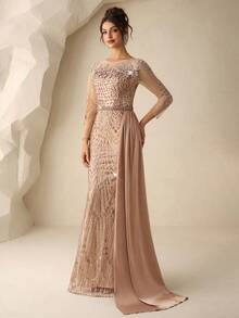 Coutiva Đầm đuôi cá bằng satin đính ren, sequin và ngọc trai sang trọng, thanh lịch, thích hợp cho khách dự đám cưới, tiệc tùng, tiệc chiêu đãi (với nhiều họa tiết trang trí), đầm dạ hội, áo choàng. - Rượu sâm banh - Xem 5