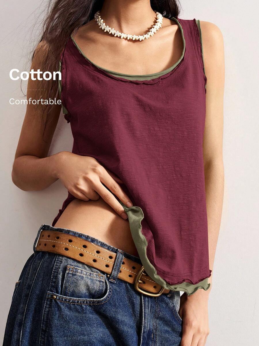 Bohemela Camiseta sin mangas de mujer de punto informal con cuello redondo y parches - Rojo - Ver 1