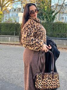 NegzBox 1pc Women's High Collar Zipper Long Sleeve Leopard Fluffy Pullover Sweatshirt,Long Sleeve Tops In Fall/Winter - Multicolor - View 6