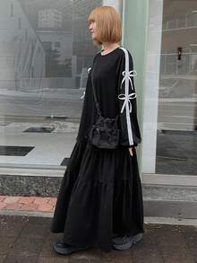 FRIFUL Women's Round Neck Contrast Color Ribbon Bow Decor Patchwork A-Line Long Casual Street Dress - Black - View 3