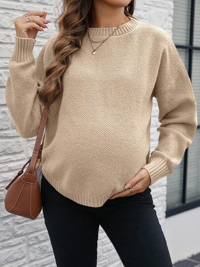 SHEIN Maternity Solid Color Round Neck Drop Shoulder Long Sleeve Casual Loose Sweater