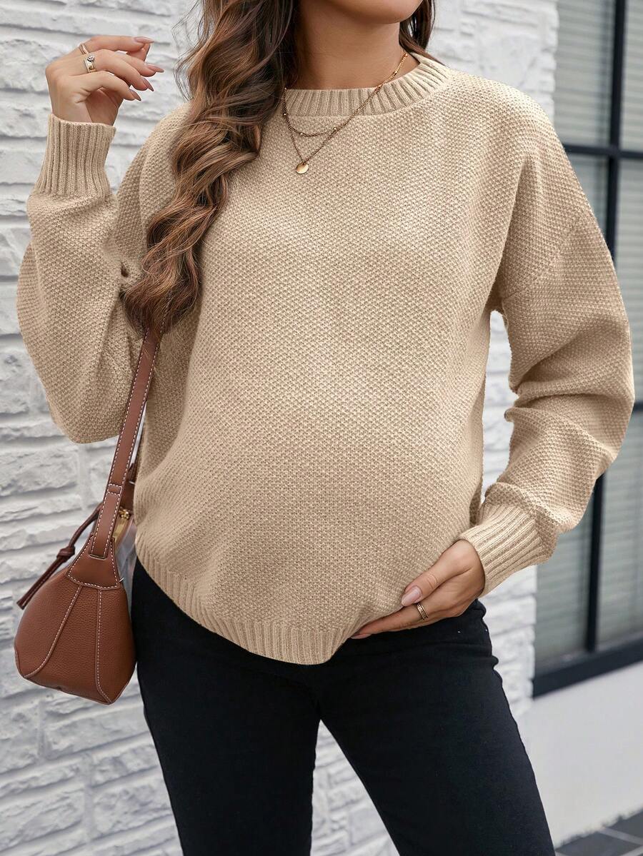 SHEIN Pull ample décontracté à manches longues, col rond, épaules tombantes, couleur unie, pour femmes enceintes - Nude - Voir 1