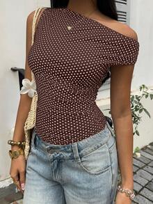 SHEIN PETITE 白色與黑色波點不對稱抓皺收腰上衣，優雅休閒度假沙灘穿搭，適合夏季嬌小女性 - 棕色 - 查看 5