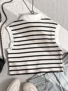 Sparklyn 1pc Tween Girl All-Match Casual Polo Collar Cropped Tank Top, Classic Black & White Striped Textured Top, Versatile, Can Be Worn Layered Or Standalone, Pair With Jeans, Shorts, Skirts, Wide-Leg Pants - Black and White - View 2