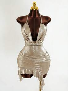 Mistrie Vestido mini dorado de cuello de capucha de mujer con Body de unicolor y metalizado