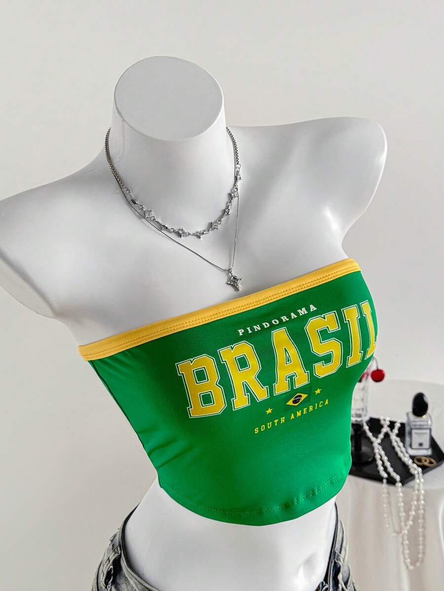 Comfortcana Brazilian Print Strapless Top, Team Style - Green - View 1