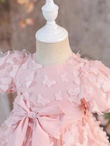 SHEIN 1件装女婴可爱百搭立体蝴蝶结编织泡泡袖连衣裙，适合生日派对、晚宴、演出、婚礼、洗礼、开幕式、聚会等各种场合。复古粉色泡泡袖连衣裙，女婴公主裙，杏色女婴蝴蝶泡泡袖连衣裙，婚礼粉色连衣裙，女婴公主蓬蓬裙，女婴蝴蝶连衣裙，女婴泡泡袖连衣裙 - 粉色 - 查看 7