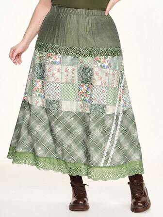 Fairycore Cottagecore Stil Vintage grün karierter Patchwork Blumen Spitzenbesatz Damen Rock in Große Größen, Retro Landhaus Herbst/Winter Damen Rock in Große Größen