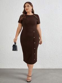 SHEIN Privé Plus Size Women's Solid Color Round Neck Short Sleeve Button Design Elegant Fitted Dress Plus Size Brown Dress Brown Bodycon Dress - Brown - View 4