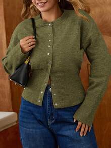 Elaquor 大码休闲纯色束腰开衫，秋冬季 - 軍綠色 - 查看 1