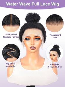 全蕾丝真人发假发，预先拔毛，水波纹，全蕾丝前假发，湿润波浪，可做任何造型，水波纹透明蕾丝前真人发假发，女士款，自然黑色 - Natural Black - 查看 4