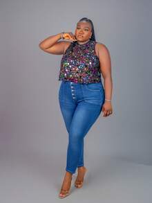 CurvyTilda Top sin mangas elegante y cómodo de talla grande para mujer, con lentejuelas brillantes y coloridas, transparente y sexy, para salir, fiestas, festivales, streetwear, con cuentas, verano europeo, conciertos