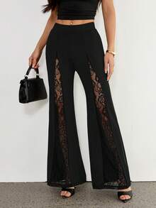 SHEIN PETITE Women Elegant Sexy Contrast Lace Flare Leg Pants - Black - View 1
