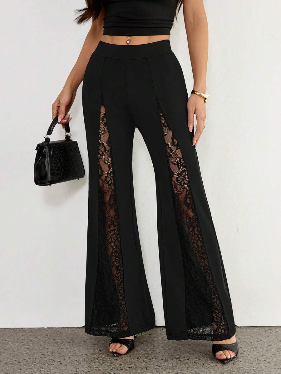 SHEIN PETITE Women Elegant Sexy Contrast Lace Flare Leg Pants - Black - View 1