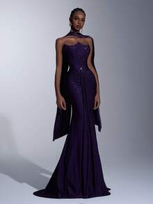 Elitara Elegant Minimalist Chic Purple High-Stretch Knit Asymmetric Bustier With Rhinestone Embellishment, Fishtail Front Detachable Neck Drape, Formal Evening Gown