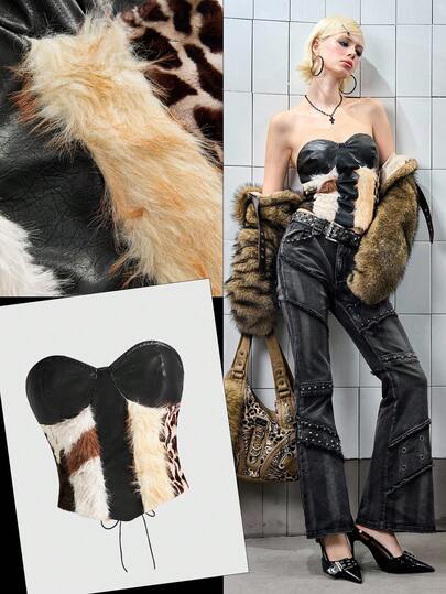 Top bandeau de contraste de color de tela suave y piel sintética con diseño patchwork retro de vacaciones hippie para mujer