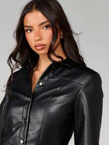 MISSGUIDED 女士长袖仿皮迷你连衣裙，配腰带和纽扣领设计，适合秋冬季派对晚宴穿着 - 黑色 - 查看 5