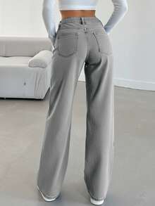 SHEIN Tall 100%Cotton LOW AIST BLACK STAIGHT CUT LONG HEM JEAN - Grey - View 2