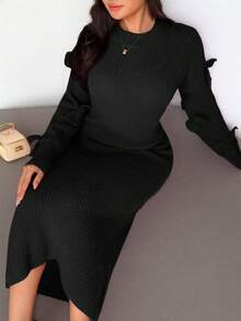 Rafferiza Women's Basic Minimalist Fashion Design Bow Elegant French Style Sweater Dress - Black - View 5