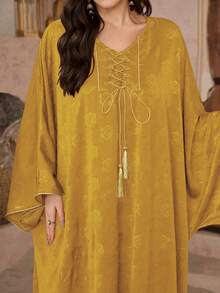 Al Najma Vestido feminino tradicional árabe com estampa floral, decote em V, manga morcego, modelagem solta, ideal para férias e viagens. - Amarelo - Ver 4