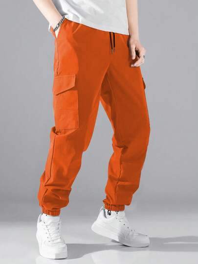 Manfinity Hypemode Loose Men's Flap Pocket Side Drawstring Waist Pants Cargo Joggers Men Mens Cargo Sweat Pants Men Orange Cargo Pants Men Street Wear Pants